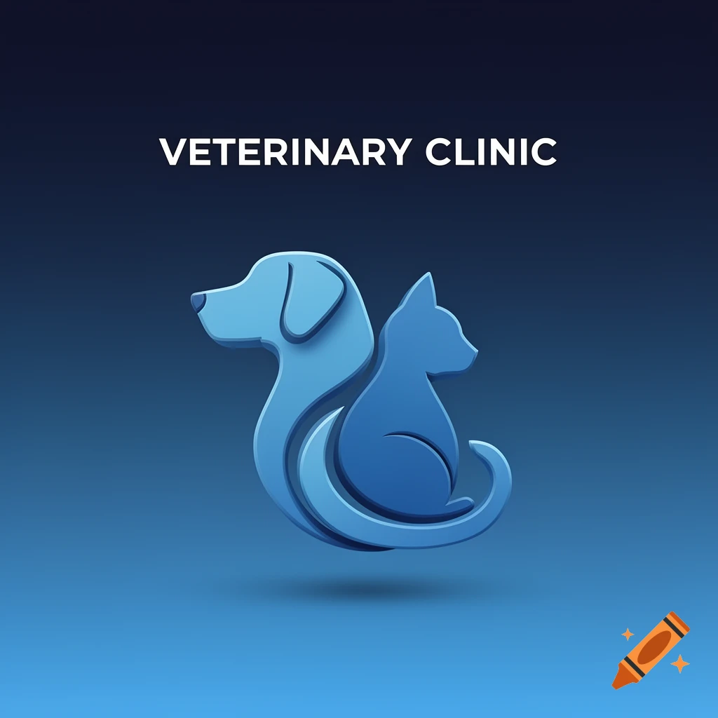 A blue stylized 3D logo of a dog and a cat intertwined, with "VETERINARY CLINIC" text above, on a blue gradient background.