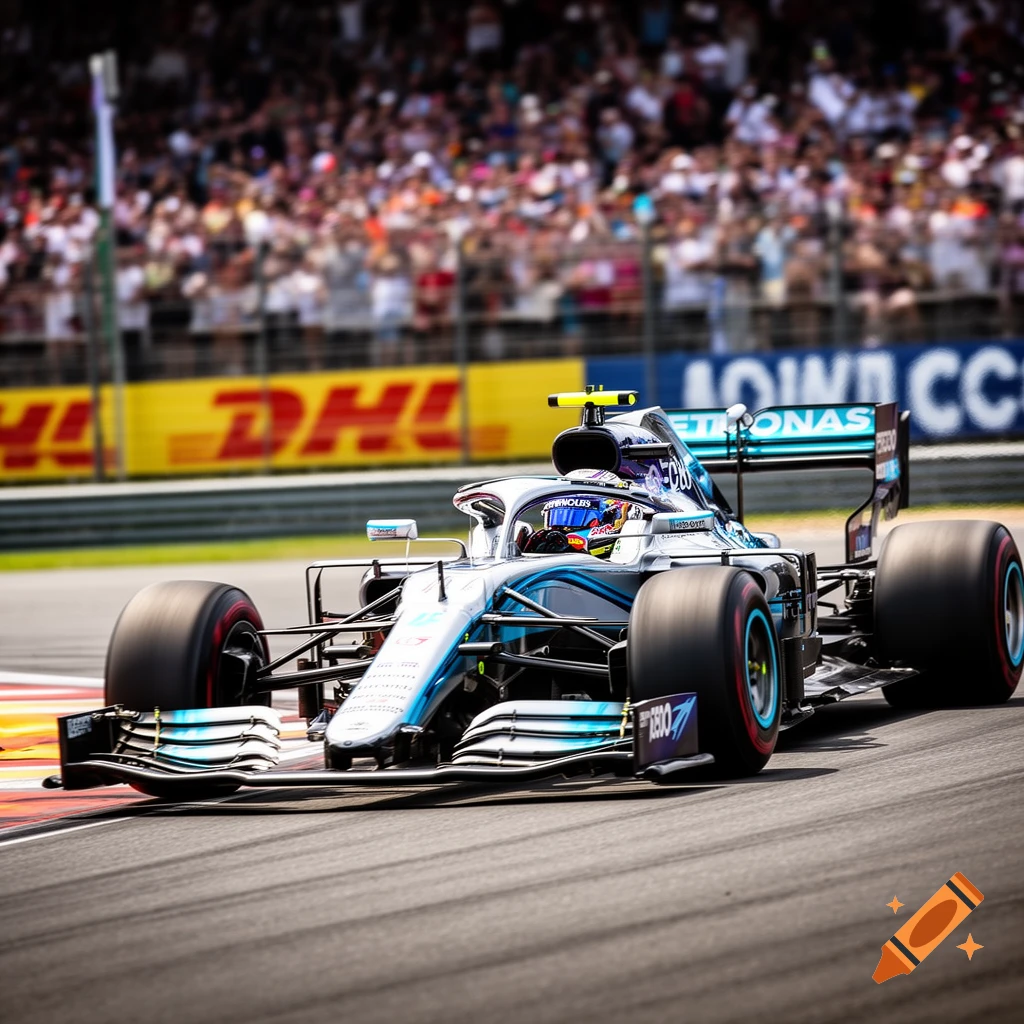 A silver and blue Formula 1 car races on a track, with spectators and sponsor banners in the blurred background.