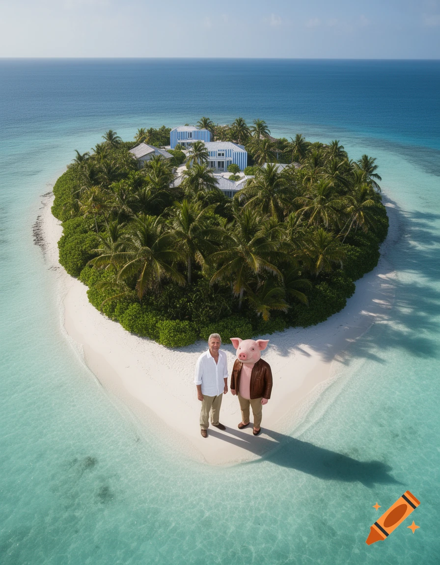 Aerial view of a man and a person in a pig mask standing on the white sand beach of a tropical island with palm trees and houses.