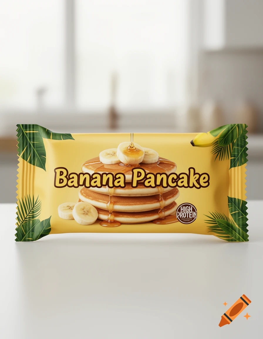 Yellow protein bar package with 'Banana Pancake' text, pancakes, banana slices, and syrup, on a white table in a kitchen.