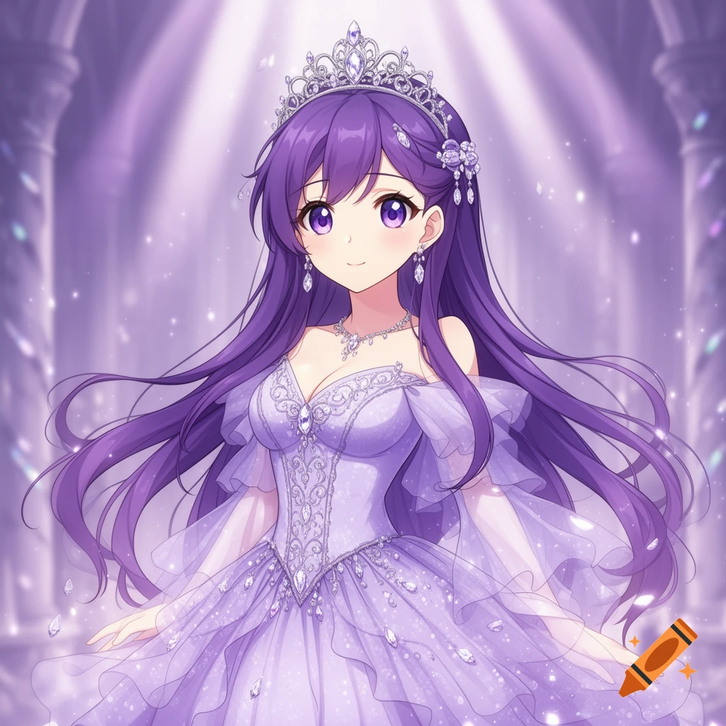 A cute anime princess with long purple hair, wearing a sparkling lavender gown and a tiara, surrounded by magical light.