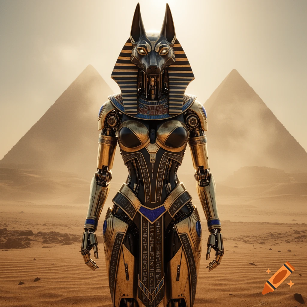 A golden and black robotic Anubis goddess in power armor stands in a desert with pyramids in the background.