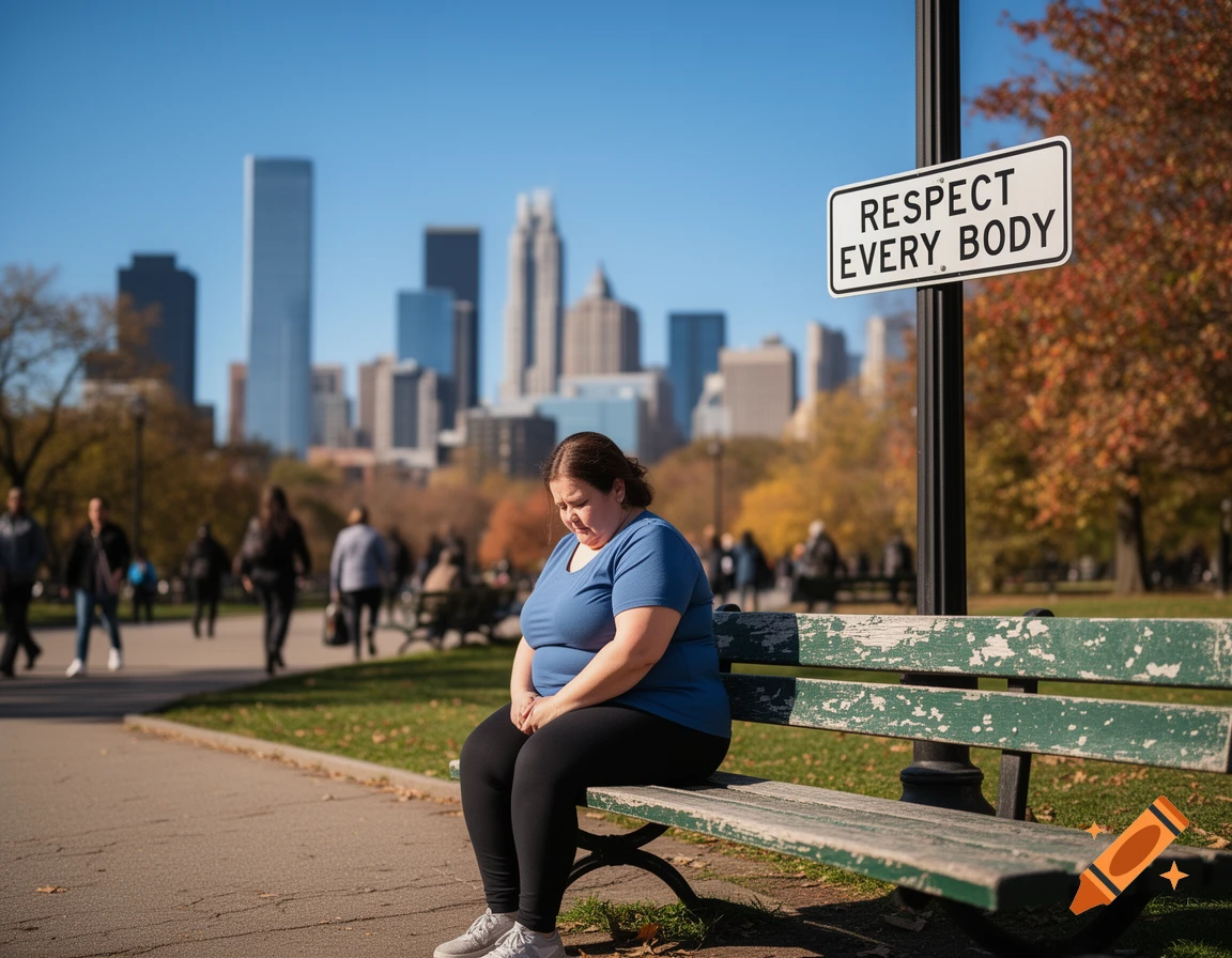 An overweight woman sits sadly on a park bench with a city skyline in the background, near a sign reading 'RESPECT EVERY BODY'.