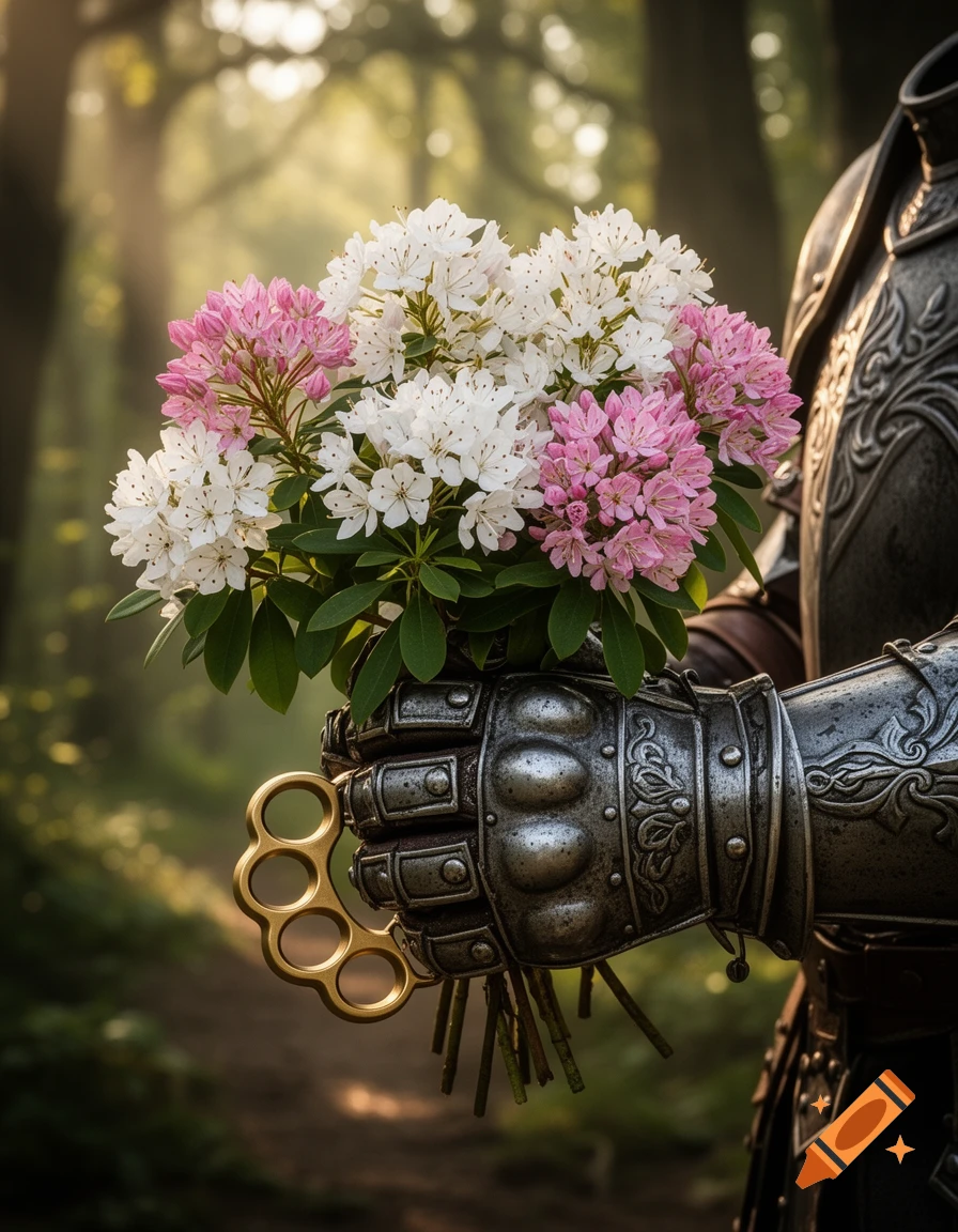 A knight's armored gauntlet with golden brass knuckles holds a bouquet of pink and white mountain laurel flowers in a sunlit forest.