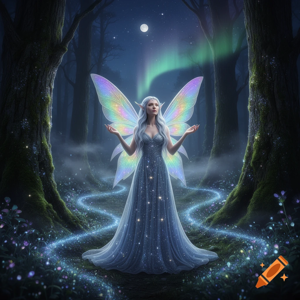 A luminous fairy with iridescent wings and a sparkling blue gown stands in a magical forest at night under the aurora borealis.