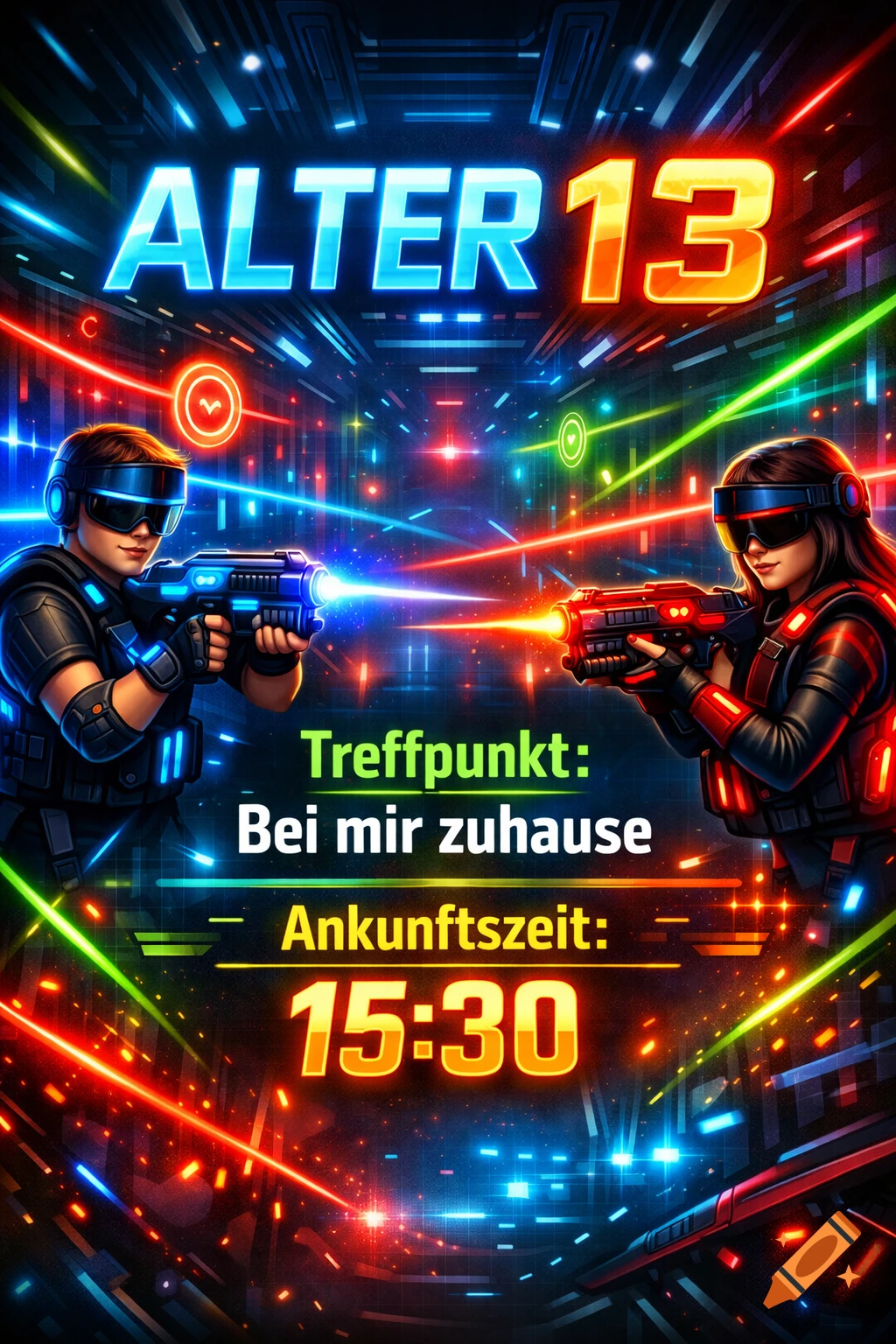 Two kids in VR headsets play laser tag in a vibrant, neon-lit arena, with text for 'AGE 13', 'MEETING POINT: At my home', 'ARRIVAL TIME: 15:30'.