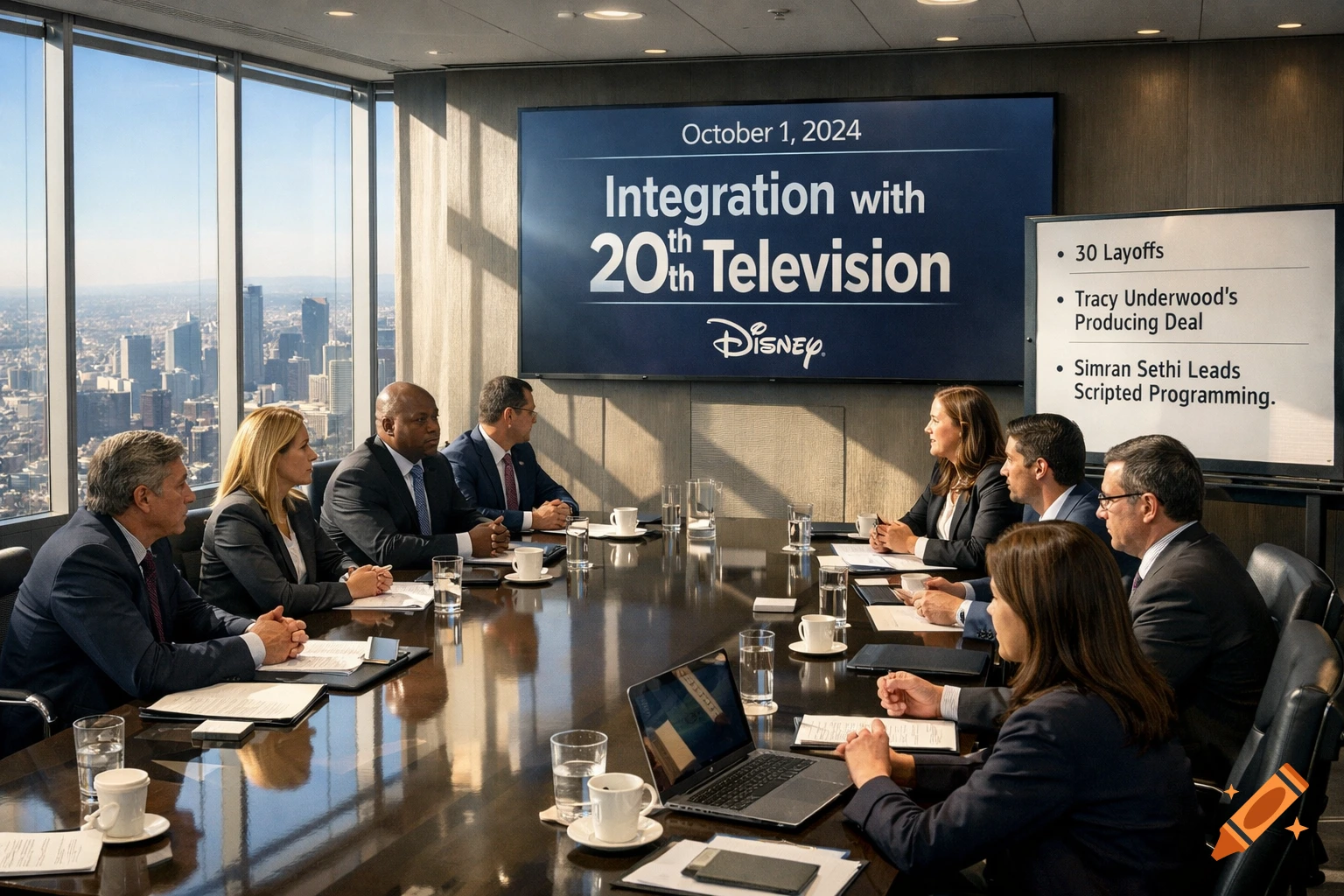 Diverse executives in a high-rise office meeting room with a city view, discussing 'Integration with 20th Television' on screens.