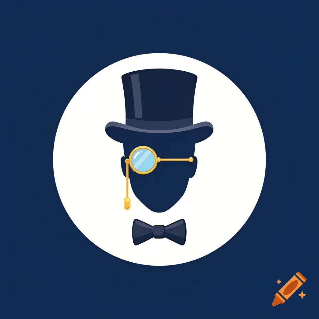 Minimalist silhouette icon of a gentleman with a top hat, monocle, and bow tie on a navy blue background within a white circle.