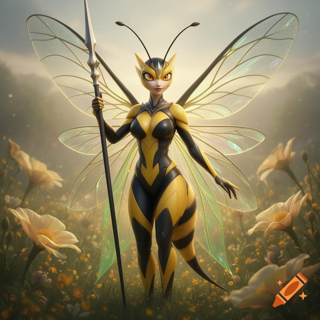 A 3D render of a stylized bee woman, resembling Queen MEGA Beedrill, standing in a field with a spear.