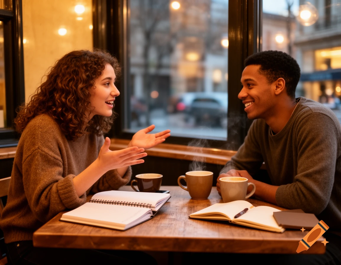 A woman and a man chat at a cafe table with coffee and open notebooks.