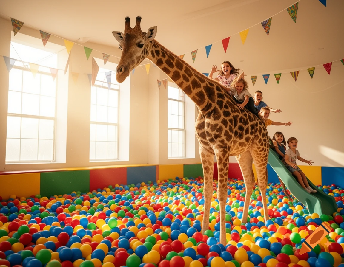 A giant giraffe stands in a colorful ball pit as laughing children slide down its back, cheering. The room has large windows and festive banners.