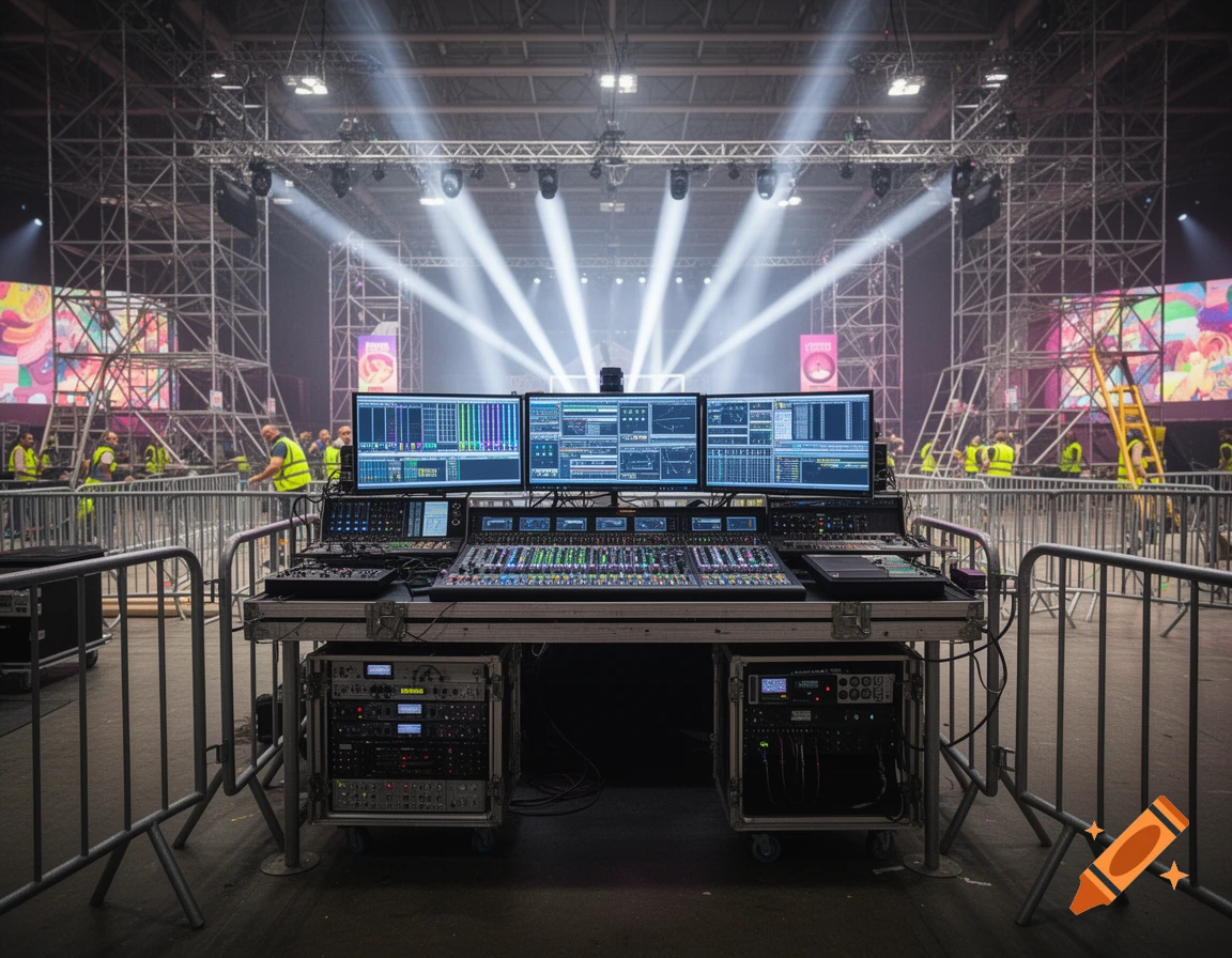 Photorealistic image of a festival control desk with multiple screens and soundboards, set up behind crash barriers in a large hall with stage lighting.