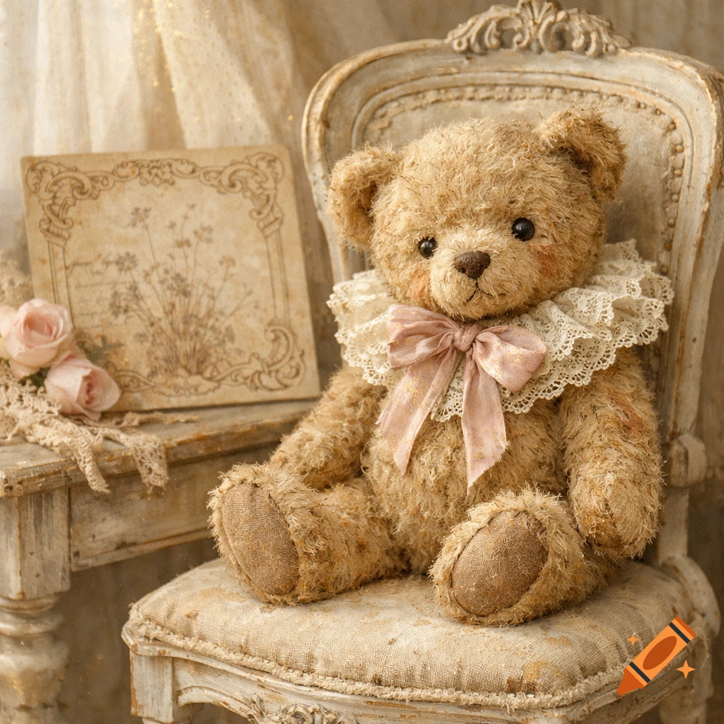 A fluffy brown teddy bear with a lace collar and pink bow sits on an antique chair next to a vintage postcard and pink roses.