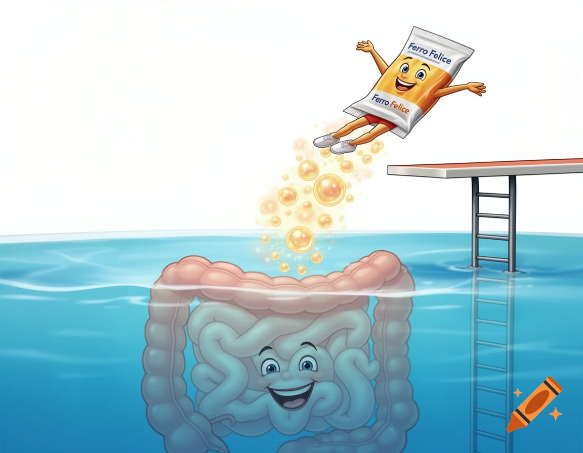 A cartoon of a smiling 'Ferro Felice' sachet diving into a pool shaped like a happy human intestine, releasing glowing particles.