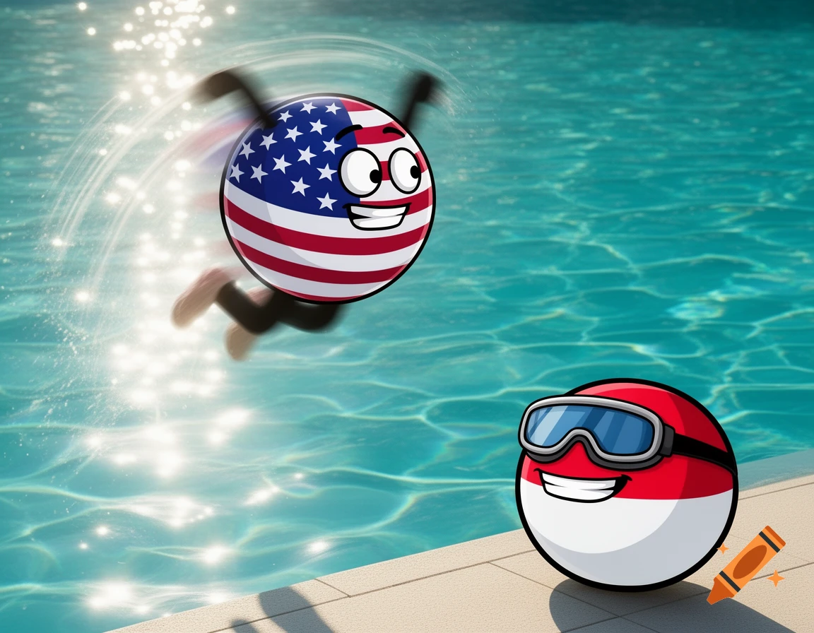 Cartoon countryballs at a swimming pool. A USABall jumps into the water while an IndonesiaBall with goggles watches from the edge.