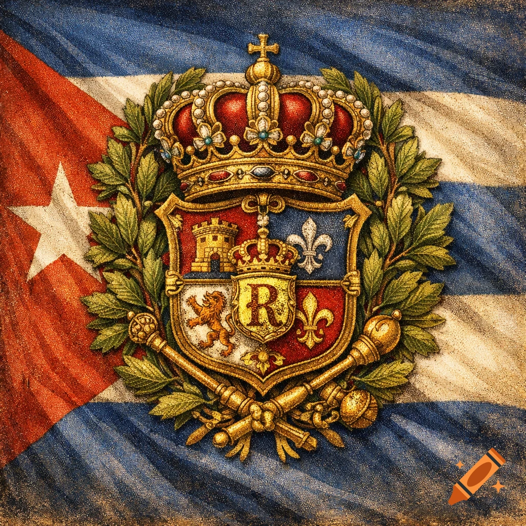 A vintage-style illustration of a monarchist emblem featuring a crown, shield, and crossed scepters, laid over a textured Cuban flag.