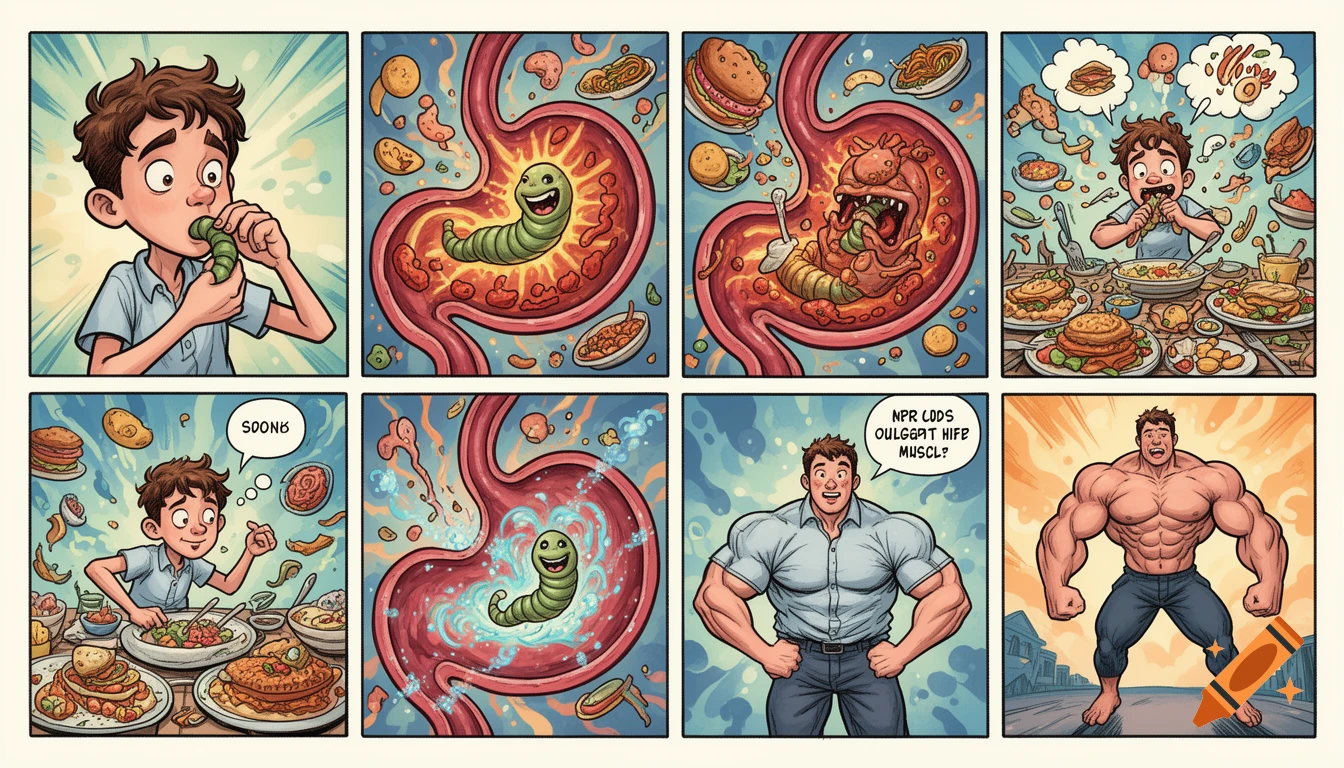 An eight-panel comic showing a boy swallowing a worm, becoming hungry, eating vast amounts of food, and then transforming into a muscular man, with a happy worm in his stomach.