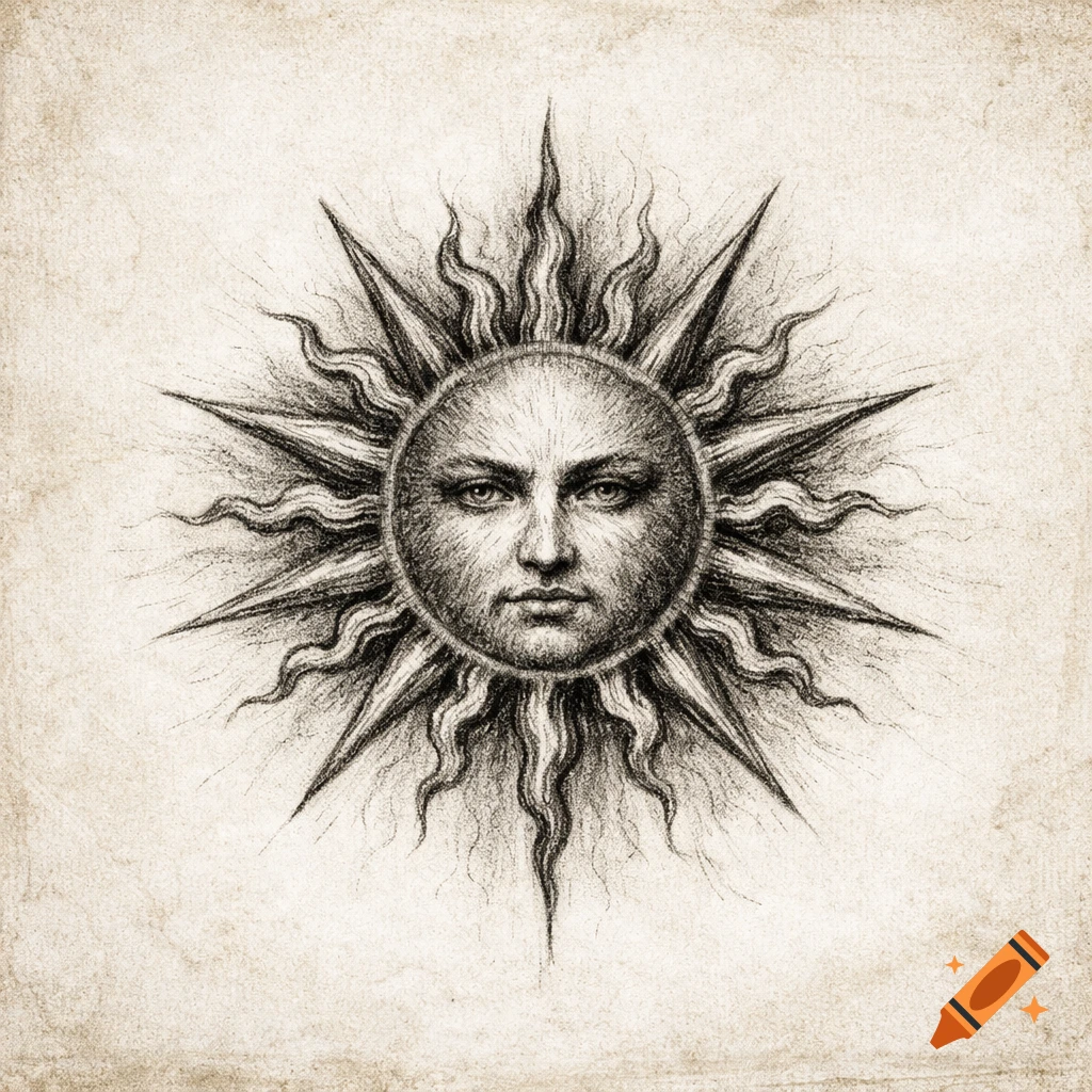 A black and white charcoal drawing of a sun with a human face on a sepia-toned, textured background, in an old manuscript style.