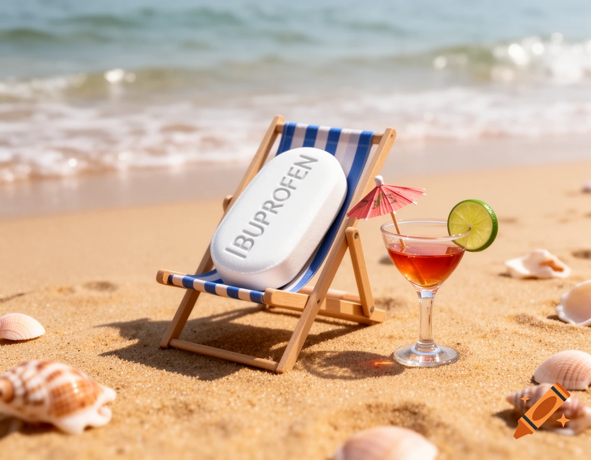 Giant Ibuprofen pill relaxing on a miniature beach chair with a cocktail on a sandy beach.