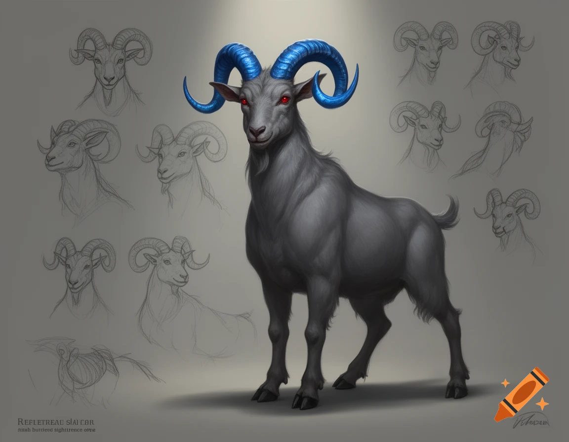 A detailed drawing of a gray anthropomorphic goat with bright blue horns and red eyes, standing amidst several pencil sketches of goat heads, in a reference sheet style.