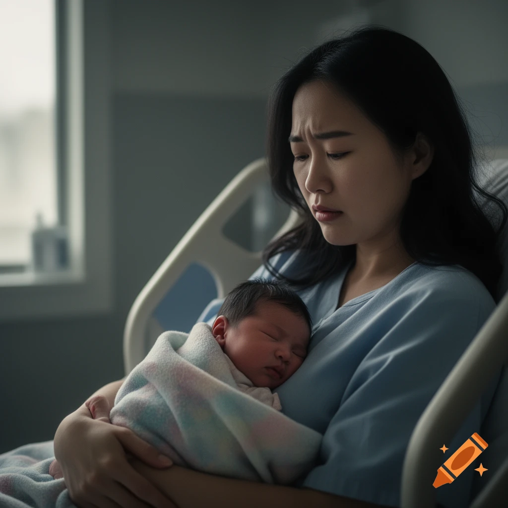 A young woman holding a sleeping newborn baby looks down with a sad or disappointed expression in a hospital bed, photorealistic.