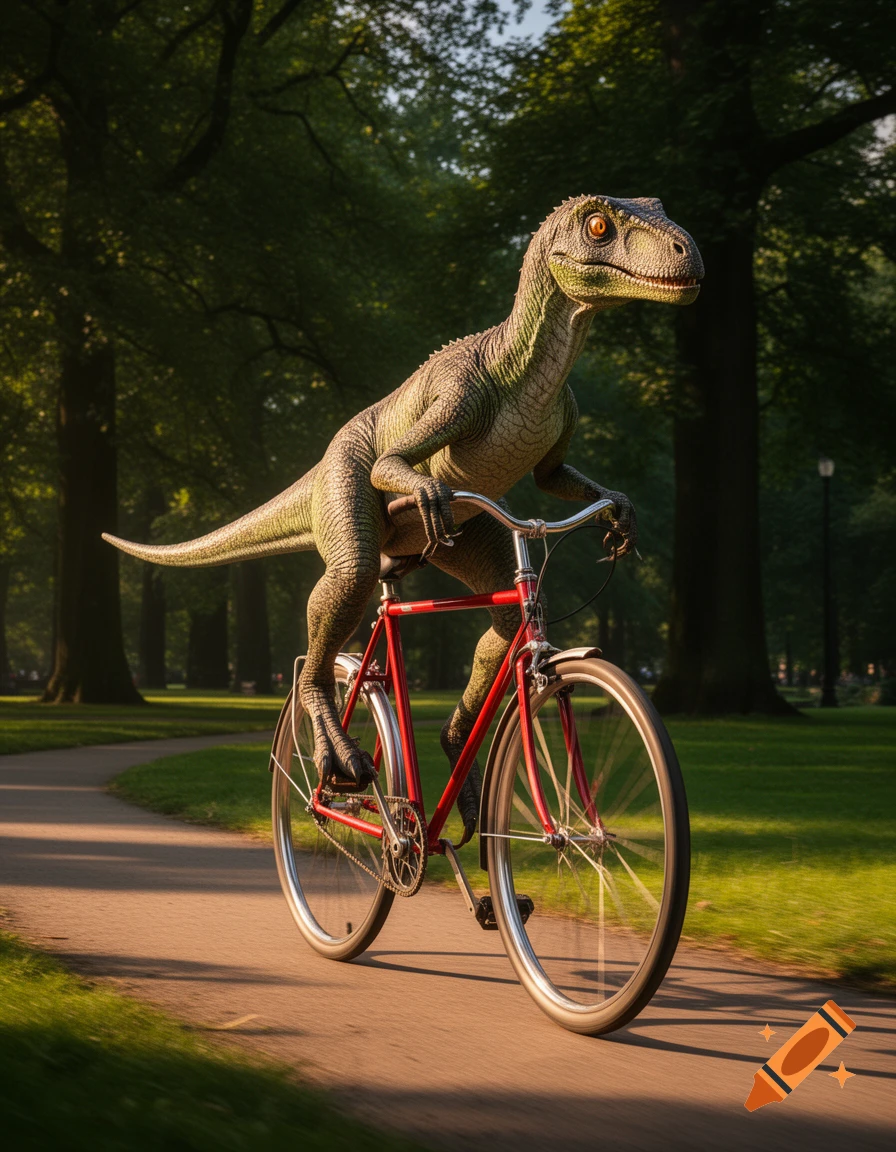 A photorealistic velociraptor rides a red bicycle along a paved path in a lush green park.
