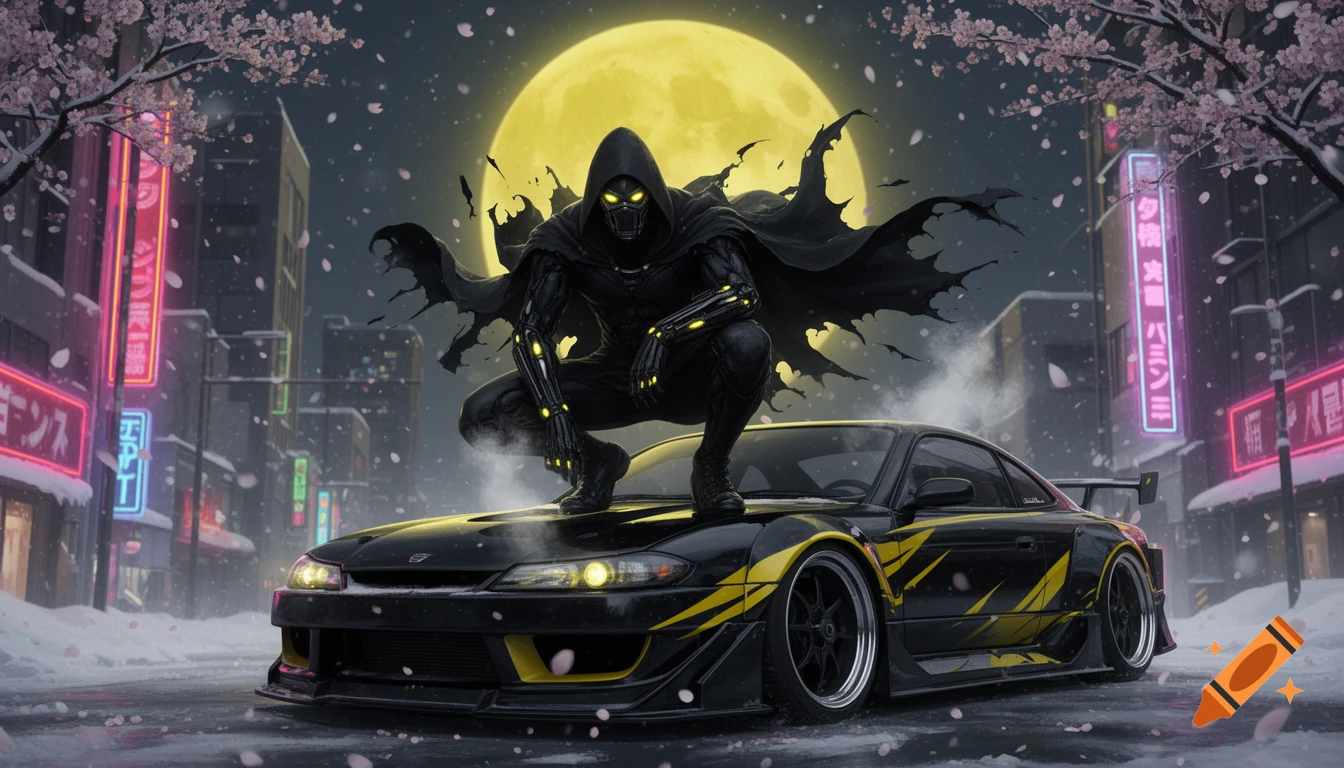 A dark villain in a cape crouches on a black and yellow sports car in a snowy, neon-lit Japanese city under a full moon.