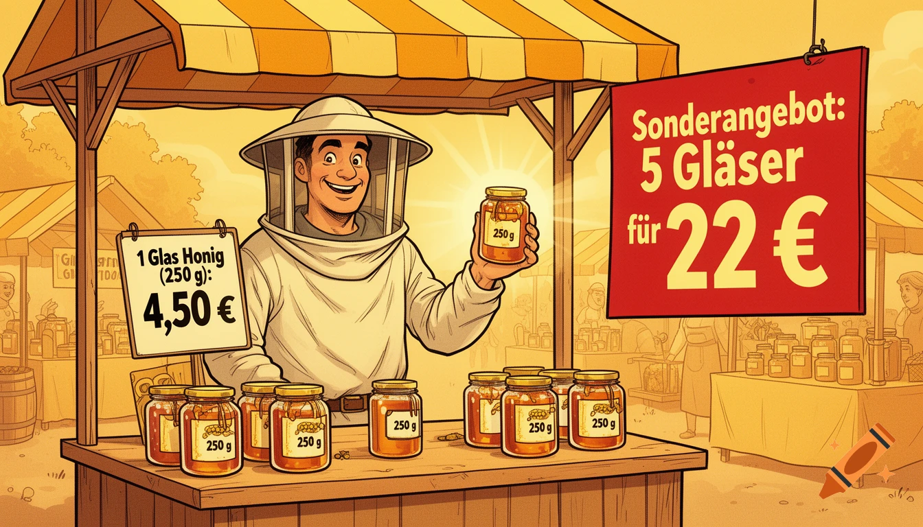 A friendly beekeeper in a white suit holds a jar of honey at a market stall with price signs, in a comic style.
