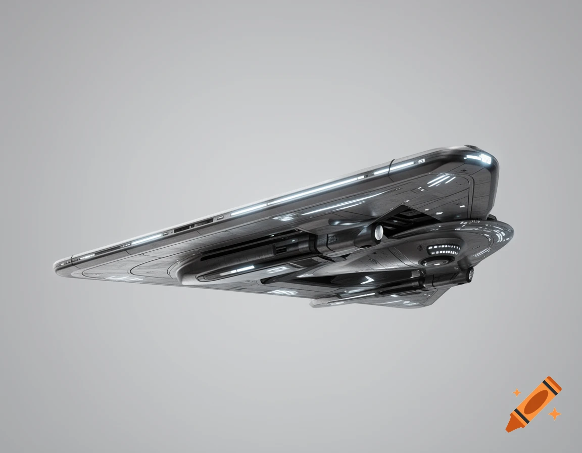 A sleek, metallic Star Trek-style spaceship with glowing lights, viewed slightly from the side against a light grey background.