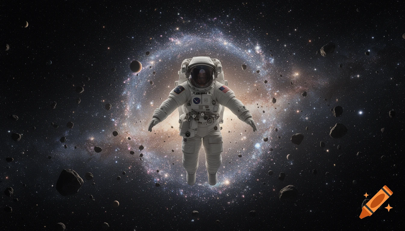 A photorealistic astronaut floats in deep space, surrounded by asteroids and a luminous spiral galaxy.