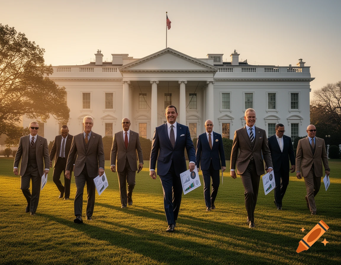 A group of men in suits walk across the lawn in front of the White House at sunset, holding documents.