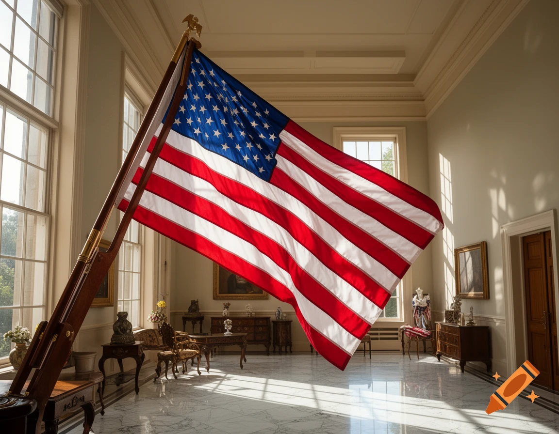 A large American flag stands proudly in a sunlit, ornate room with tall windows, marble floors, and elegant furniture.