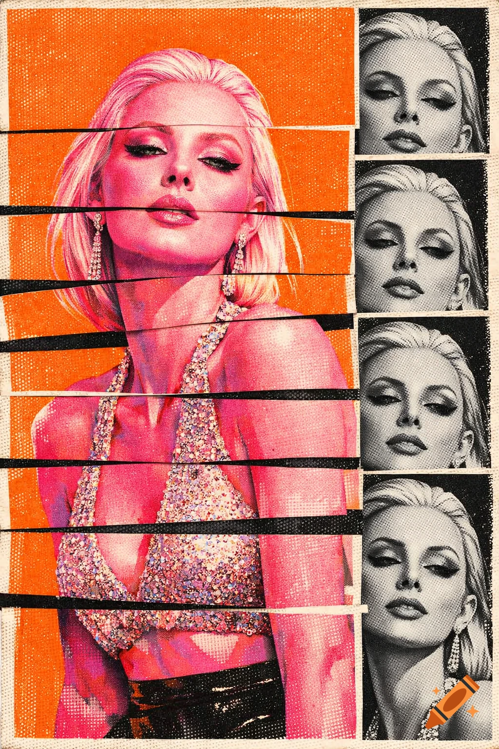 Pop art portrait of a blonde woman with pink skin in a sparkly top, segmented, against an orange background with monochrome facial copies.