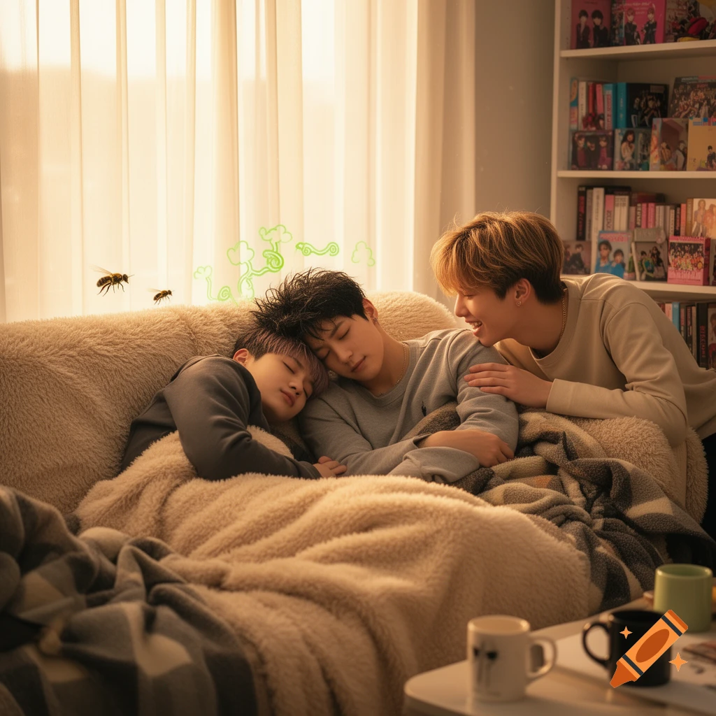 Three young men relax on a fluffy couch under blankets, two sleeping and one smiling at them, with bees and green odor lines floating nearby. Photorealistic style.
