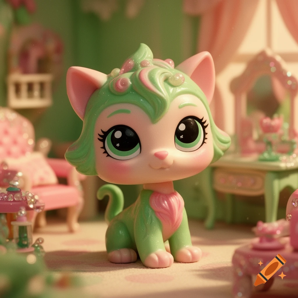 A cute green and pink stylized cat toy with large eyes sits in a miniature dollhouse room.