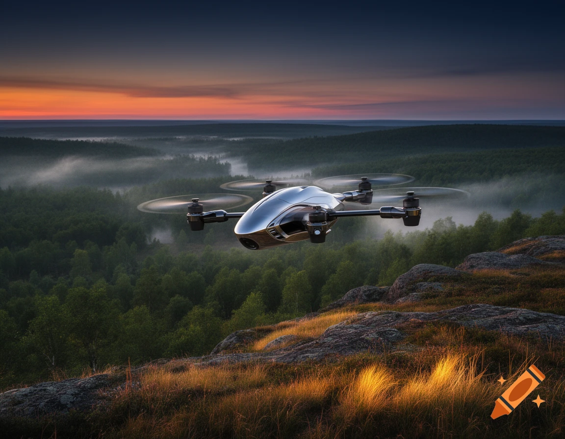 A futuristic drone with spinning propellers flies over a misty forest and rocky hills at sunset.
