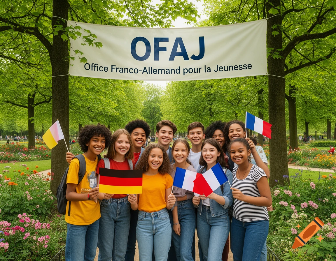 A diverse group of smiling teenagers holding French and German flags in a lush park under an OFAJ banner, photorealistic.