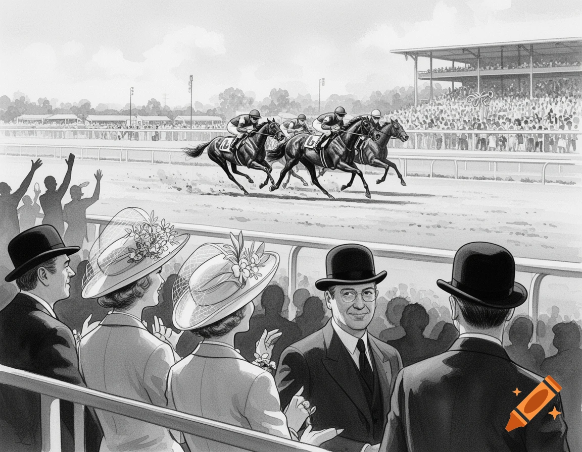 Black and white watercolor illustration of a horse race with jockeys and horses on the track and elegantly dressed spectators in the foreground and grandstand.