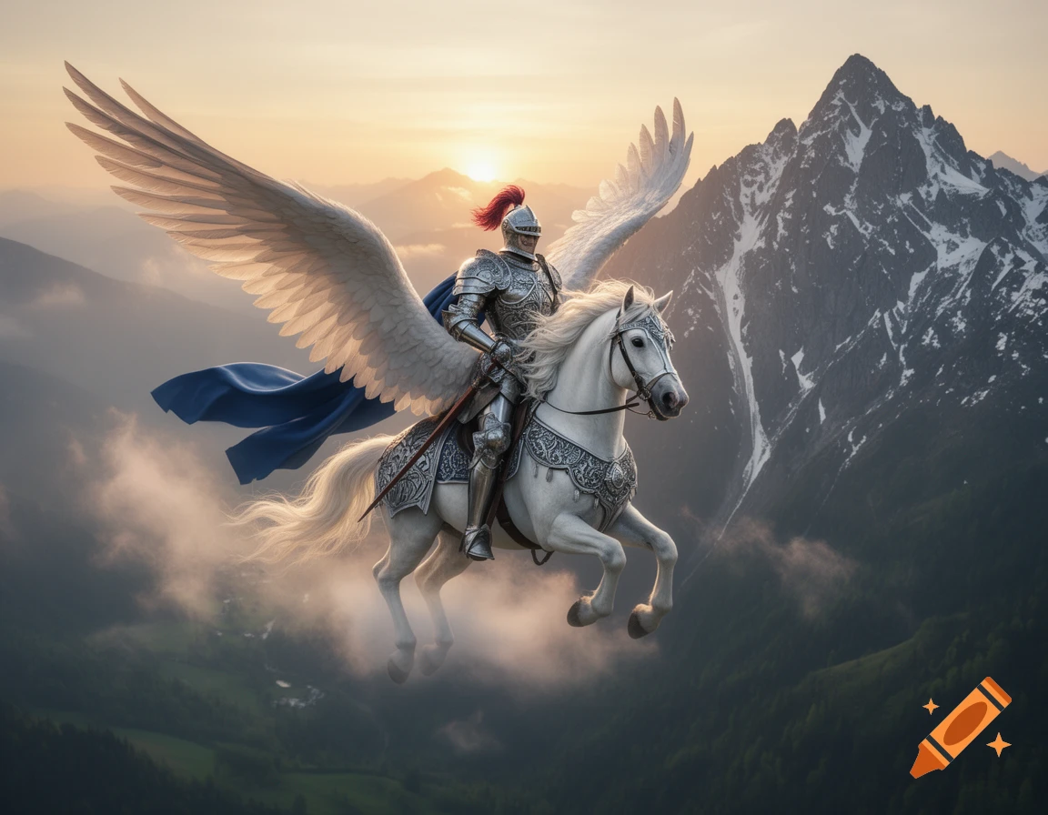 A knight in shining armor rides a white winged Pegasus, flying over ...