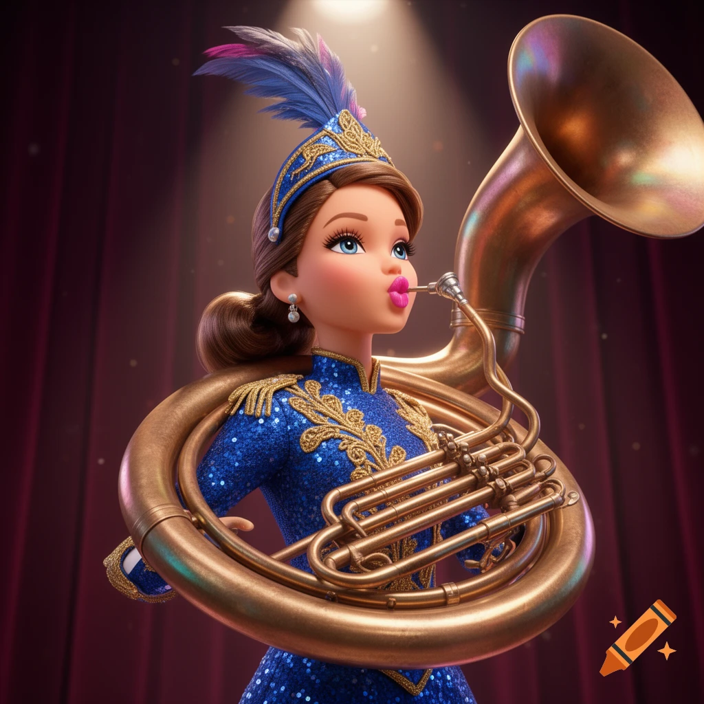 A 3D render of a Barbie-like doll in a blue sequined majorette uniform and plumed hat, puckering lips to play a bronze sousaphone under a spotlight.
