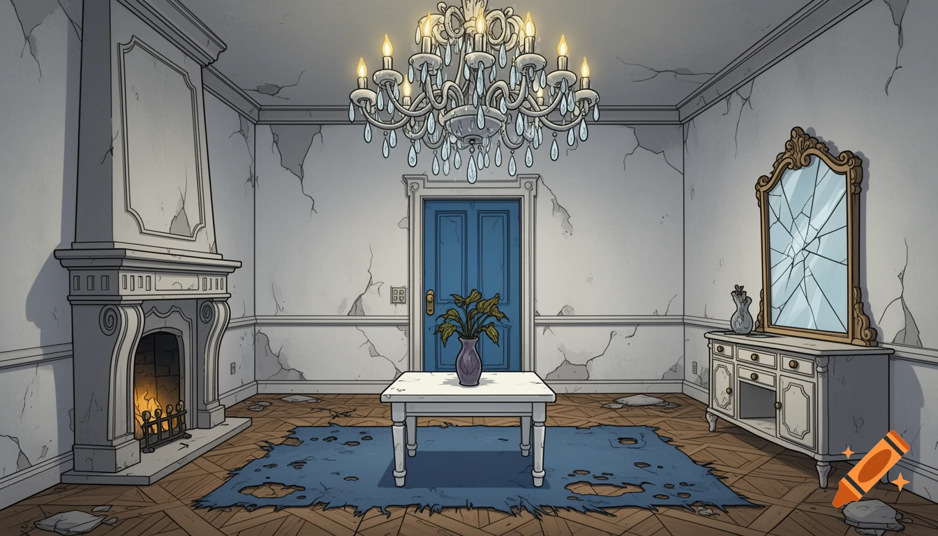 Detailed cartoon illustration of an abandoned mansion's entrance hall with a blue door, fireplace, broken mirror, ripped rug, and grand chandelier.