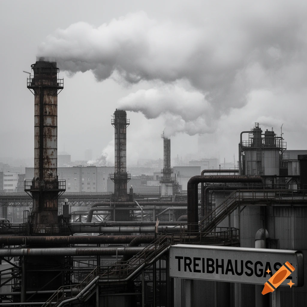A black and white view of an industrial factory with multiple smoke stacks billowing thick smoke into an overcast sky. A sign reads "TREIBHAUSGASE".