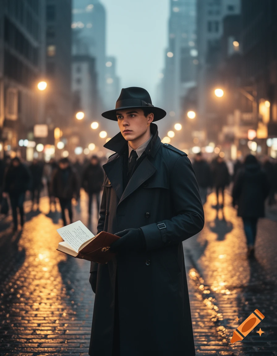 A young man in a trench coat and fedora stands on a rainy city street ...