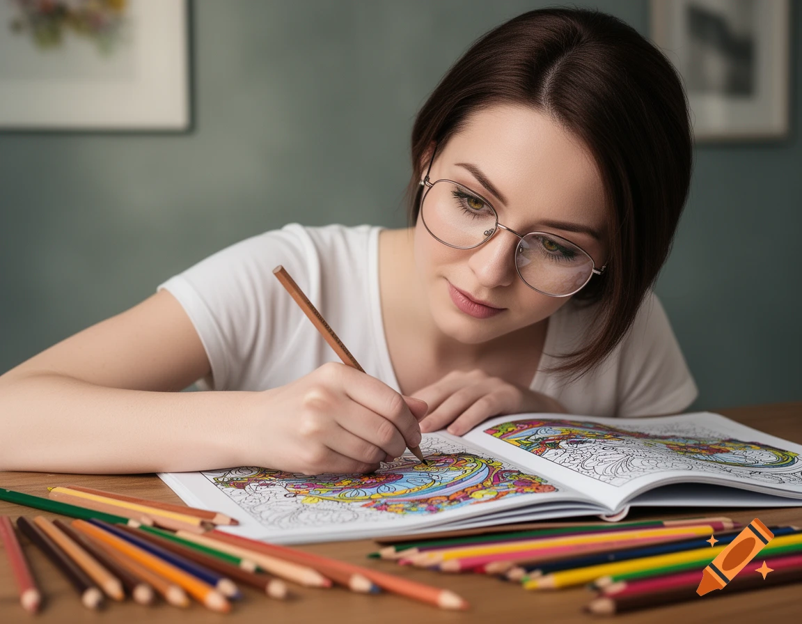 A young brunette woman wearing glasses intently colors a mandala design in a coloring book with colored pencils at a desk, photorealistic.