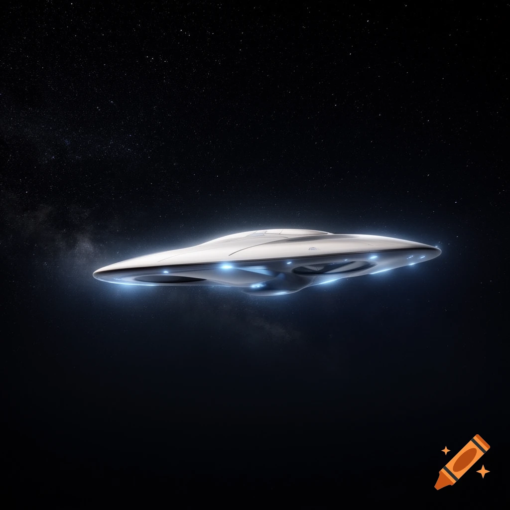 A sleek white UFO with glowing blue lights hovers in dark space amidst a field of stars.