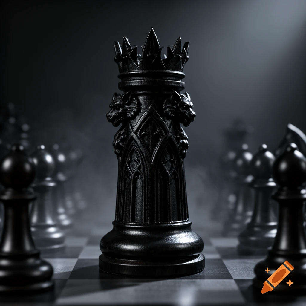 A detailed, gothic black king chess piece with wolf heads on a chessboard, surrounded by fog in a dark, atmospheric setting.