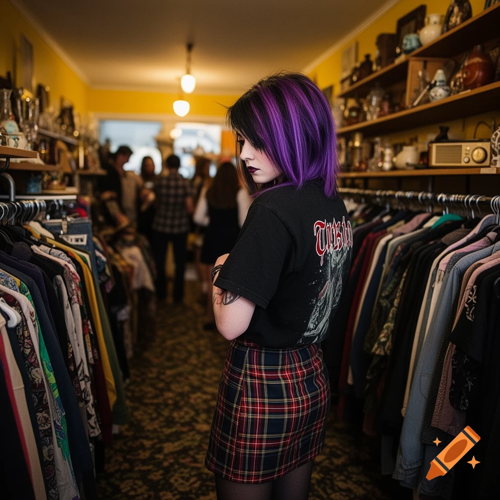 An emo girl with purple-streaked hair wears a band t-shirt and plaid skirt while browsing clothes in a thrift store.