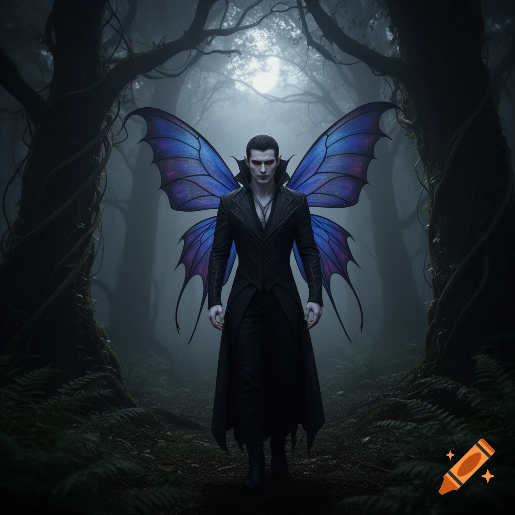 A male vampire fairy with pale skin, red eyes, and large blue and purple wings, wearing a black coat, stands in a dark, misty forest.