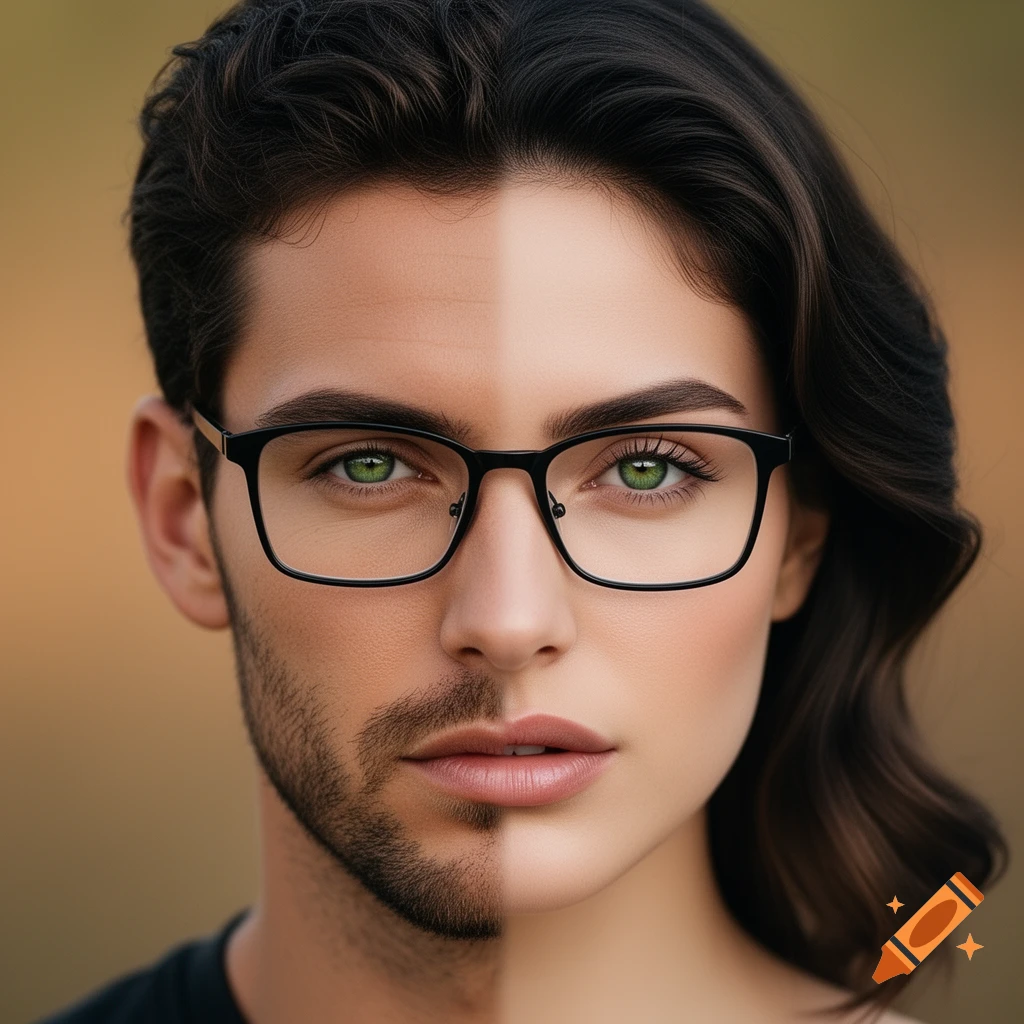 Close-up of a face vertically split: left is a bearded man, right is a woman, both with dark hair, green eyes, and glasses.