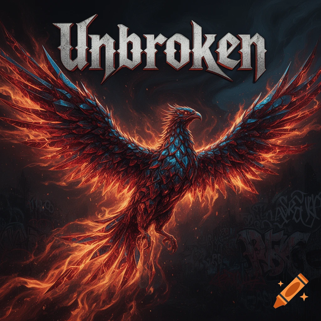 A fiery phoenix with blue scales and spreading wings, set against a dark, smoky background, with 'Unbroken' at the top.